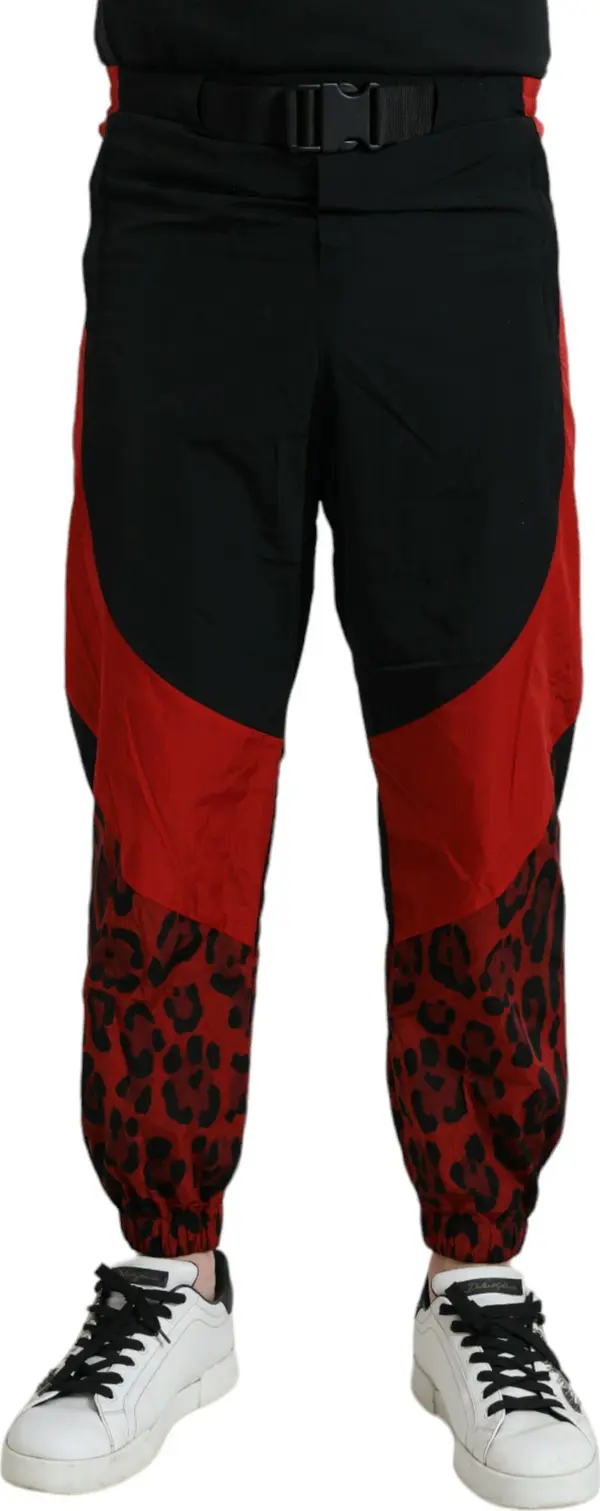 Black Red Leopard Print Nylon Jogger Pants