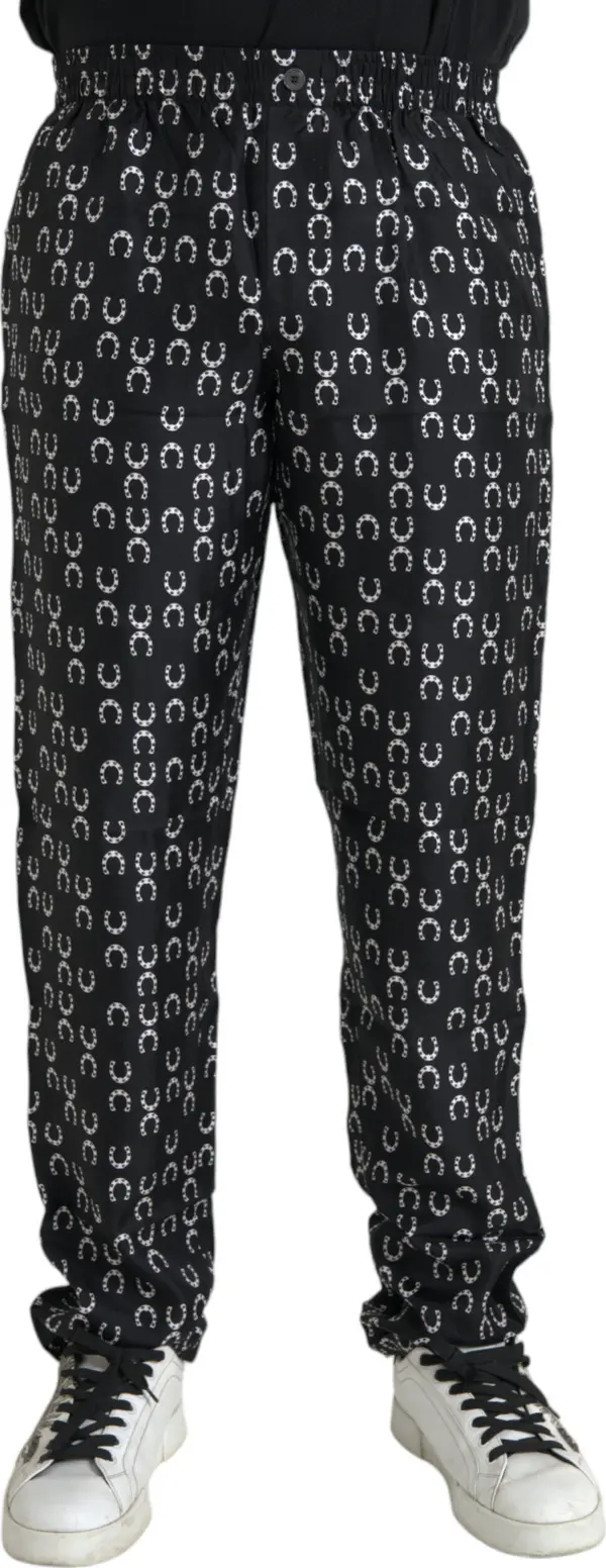 Black Horseshoe Print Silk Pants