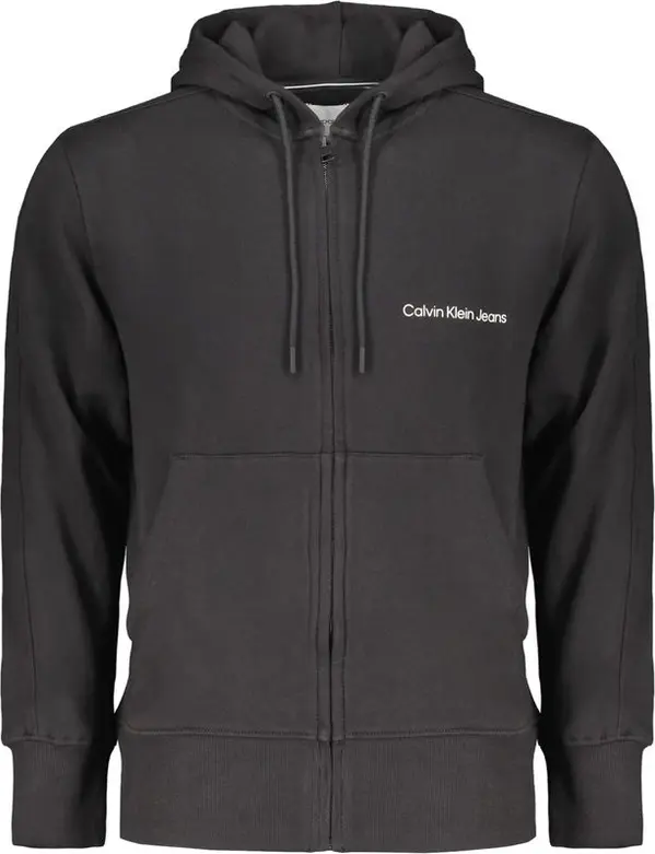 Black Cotton Men Sweater with Hood and Central Pockets