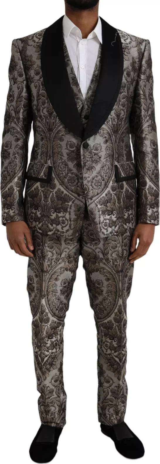 Brown Floral Jacquard Formal 3 Piece Suit