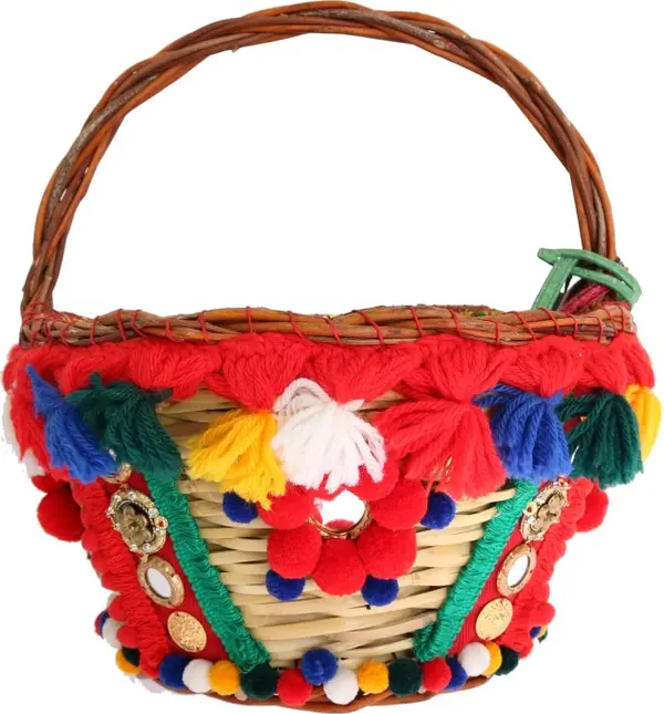 Multicolor AGNESE Straw Crystal  Pom Pom Bag