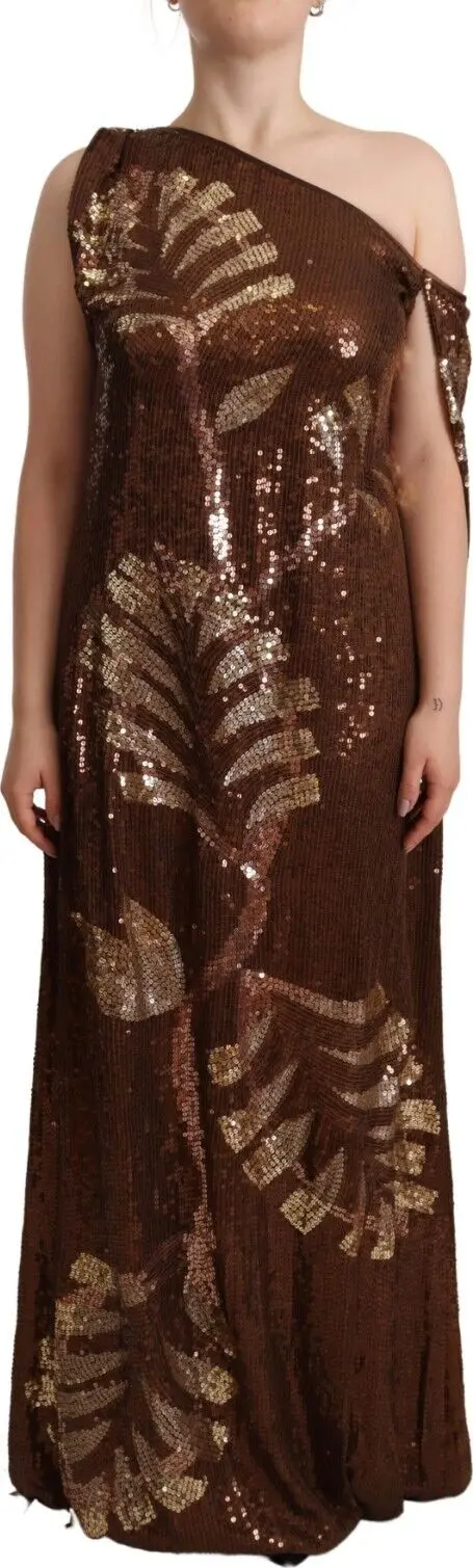 Brown Leaf Sequined Shift One Shoulder Long Dress