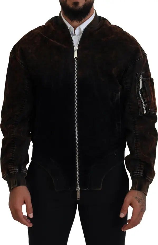 Brown Cotton Bomber Zipper Pocket Sleeves Jacket