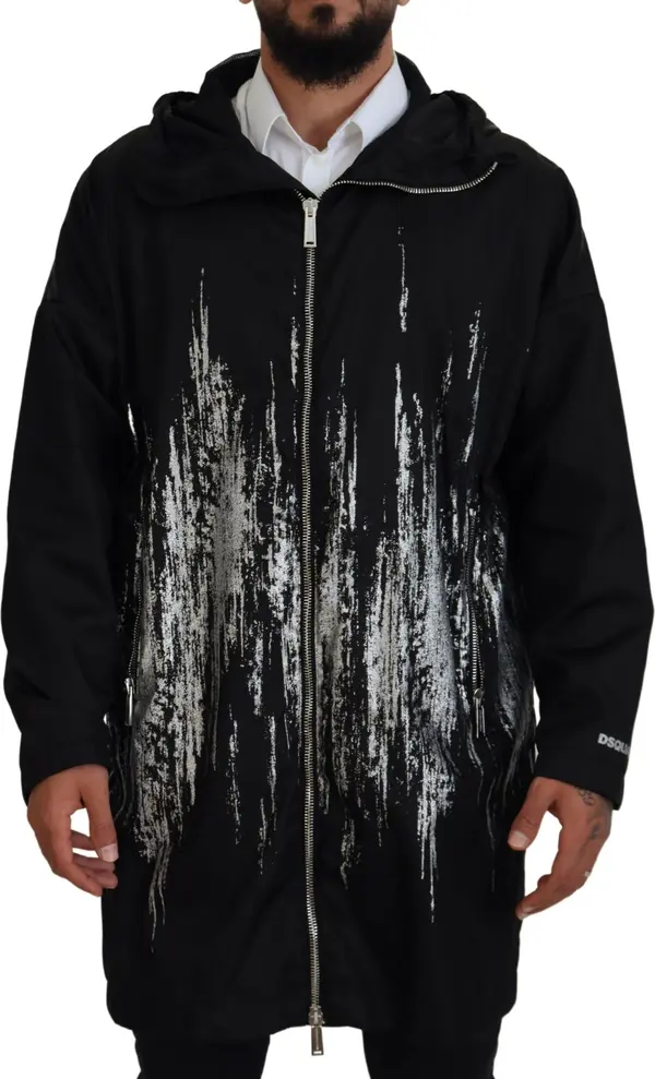Black White Print Long Hooded Coat Nylon Jacket