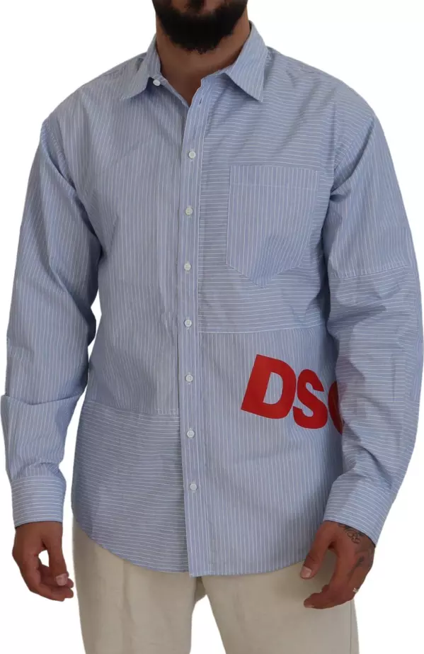 Blue Stripes Logo Print Long Sleeves Formal Shirt