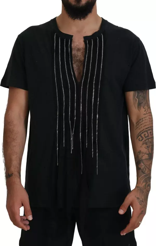 Black Chain Embellished Cotton Short Sleeve T-shirt