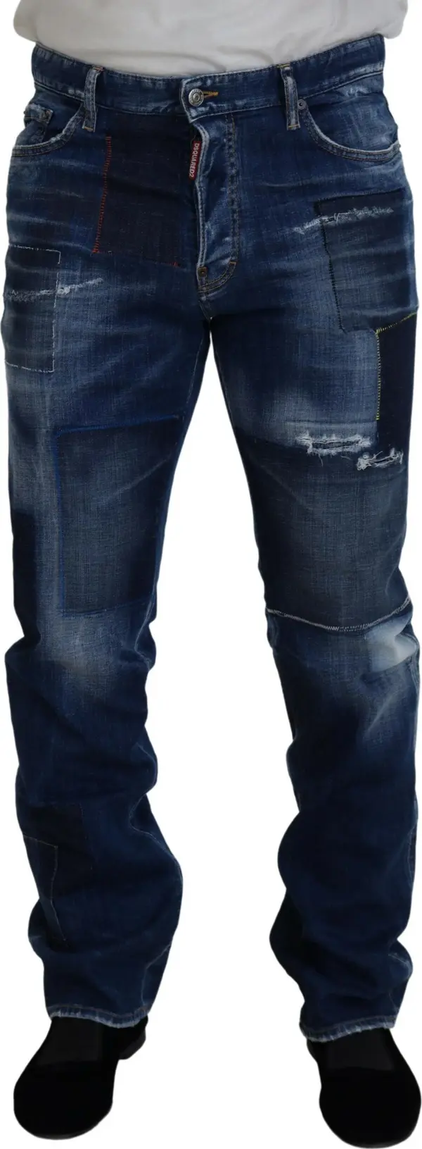 Blue Washed Patchwork Straight Fit Denim Jeans