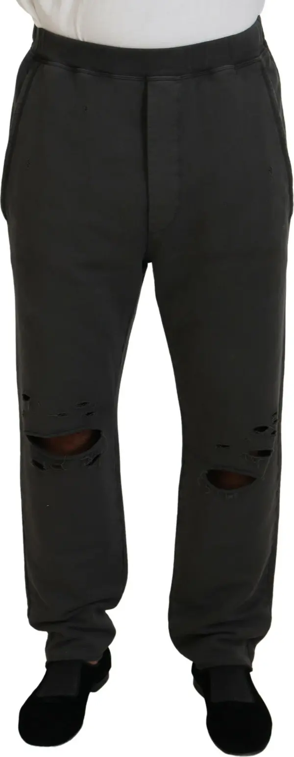 Dark Gray Cotton Men Casual Tattered Pants