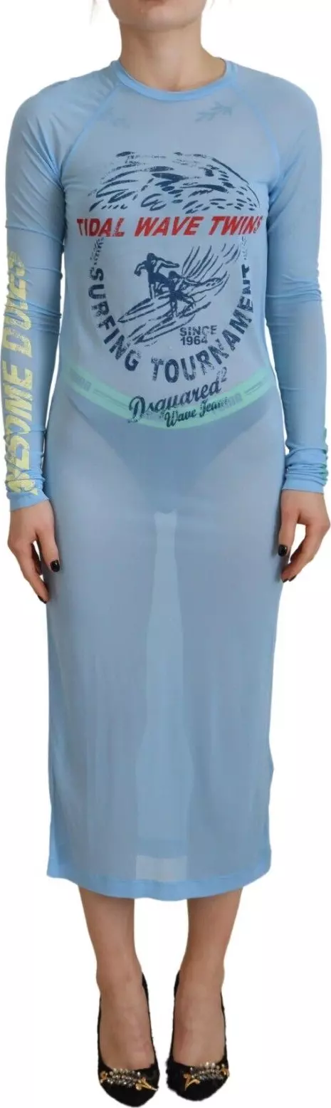 Blue Printed Viscose Long Sleeves Cover Up Dress