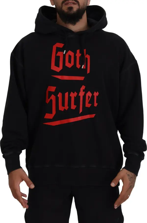 Black Cotton Hooded Printed Men Pullover Sweater