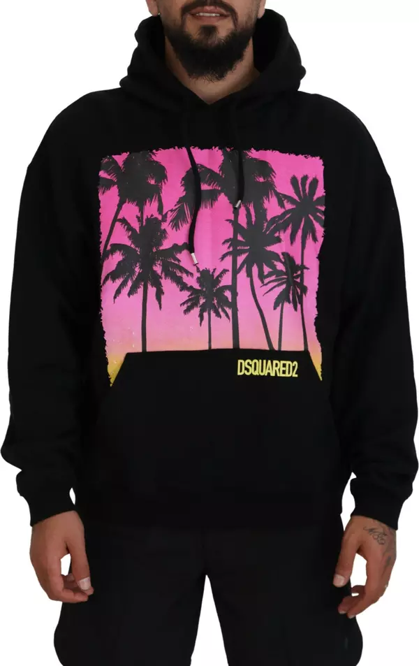 Black Cotton Hooded Printed Men Pullover Sweater