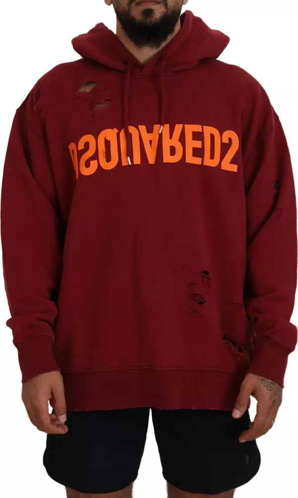 Maroon Cotton Tattered Hooded Printed Pullover Sweater