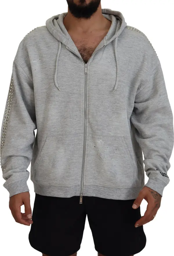 Gray Hooded Printed Crystal Embellishment Sweater