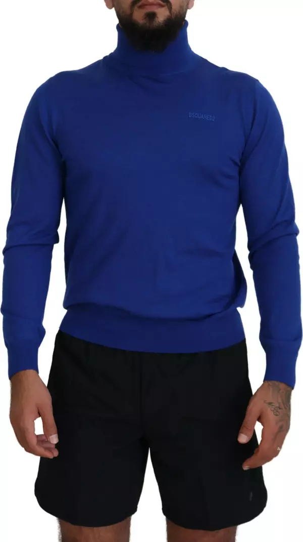Blue Logo Print Long Sleeves Turtle Neck Sweater