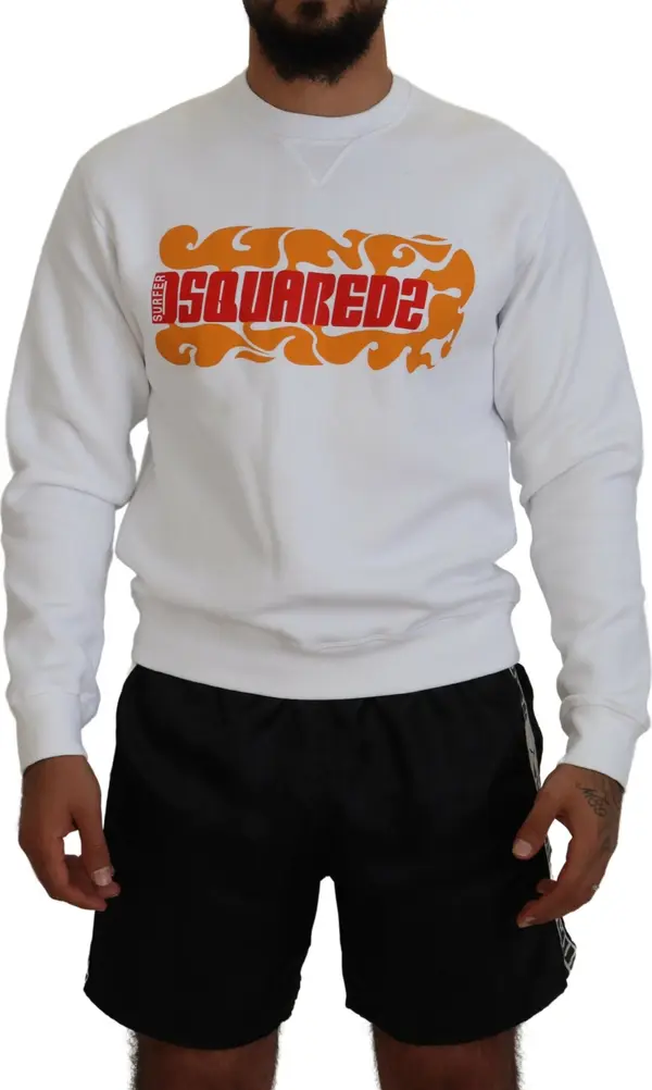 White Cotton Printed Long Sleeves Pullover Sweater
