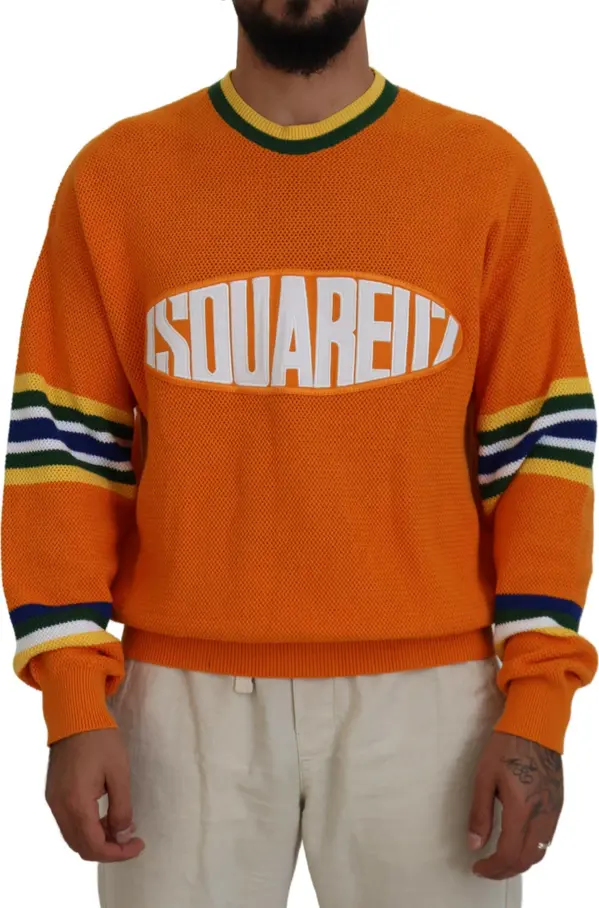 Orange Printed Long Sleeves Men Pullover Sweater