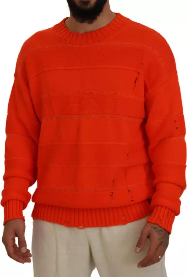 Orange Cotton Long Sleeves Men Pullover Sweater