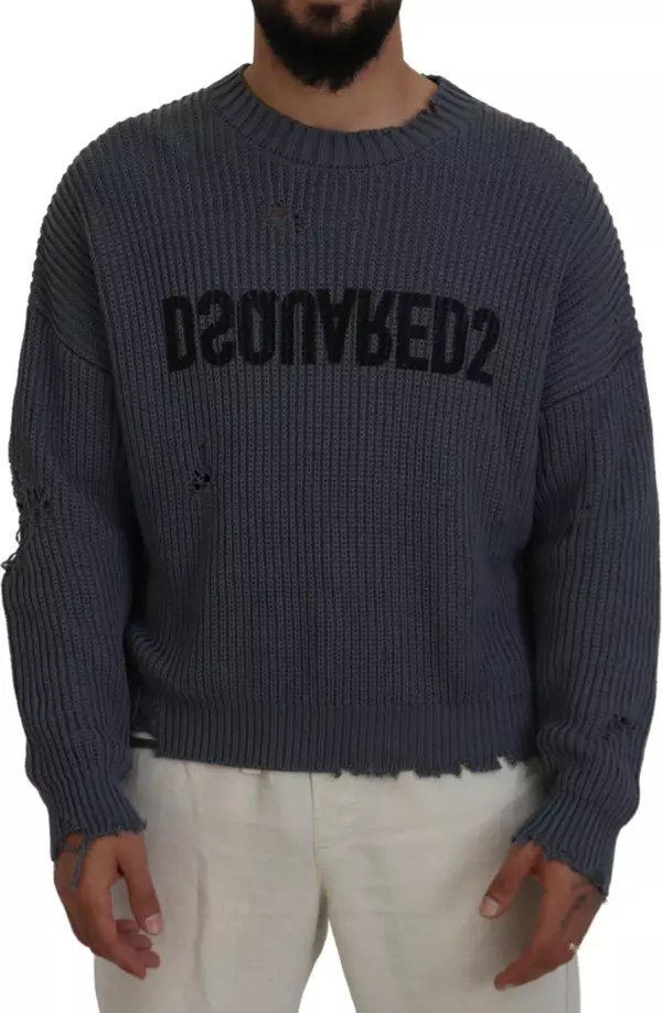 Gray Men Tattered Knitted Pullover Sweater