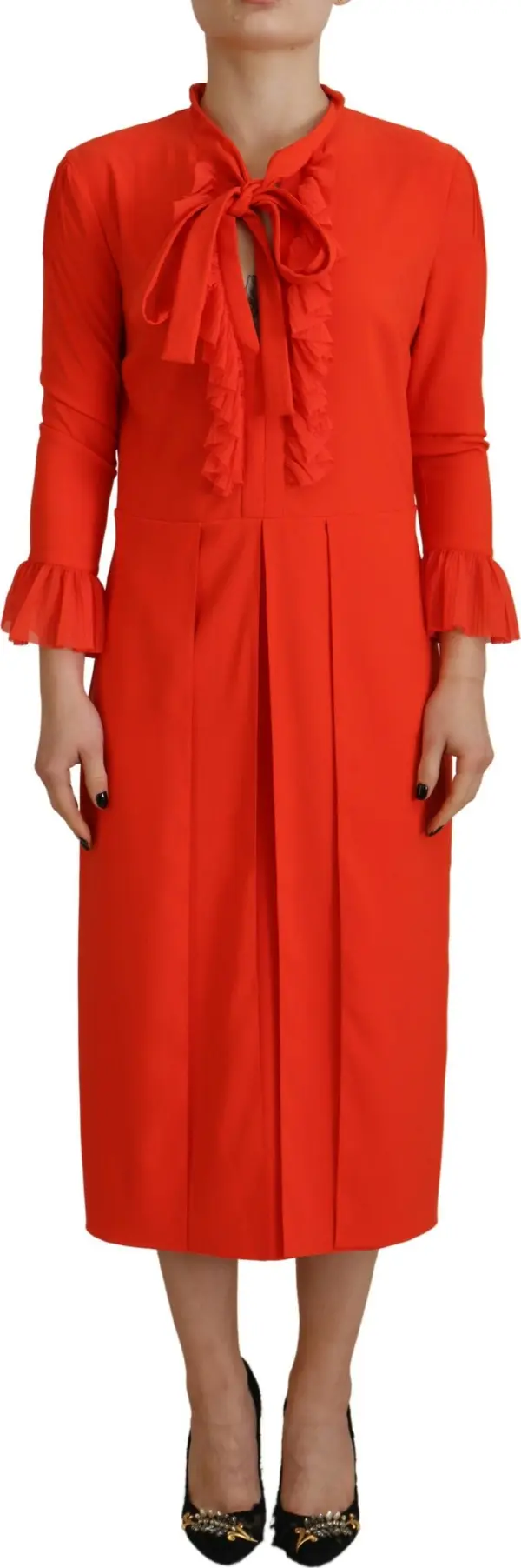 Red Polyester Long Sleeves Pleated Midi Dress