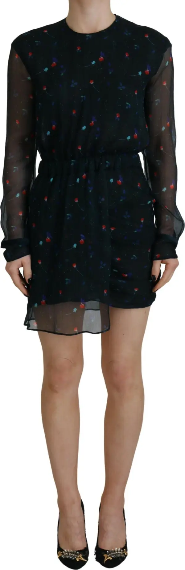Black Floral Silk Long Sleeves Sheath Mini Dress