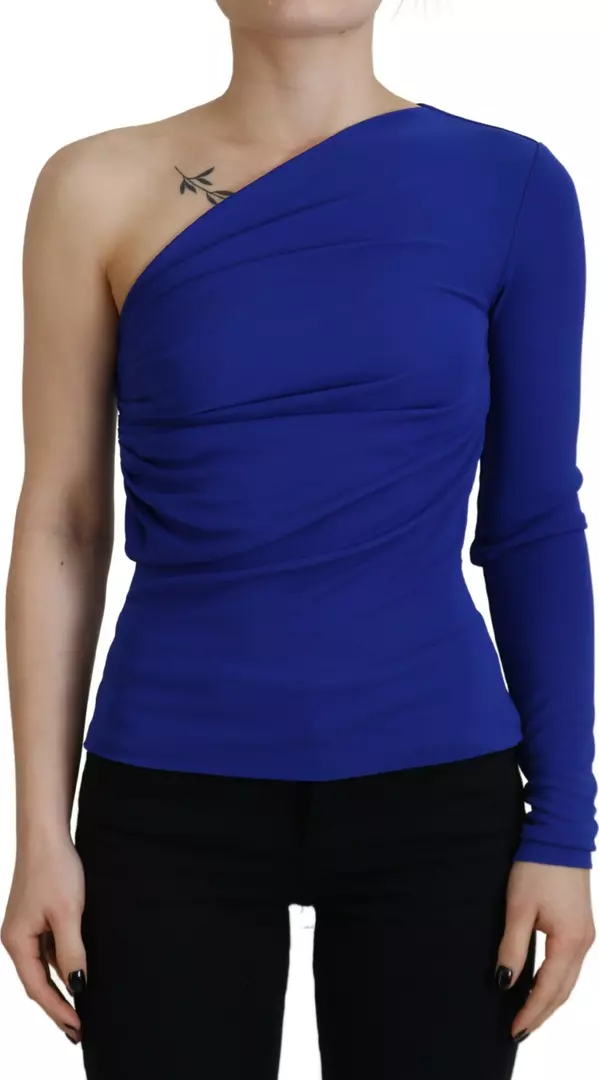 Blue Viscose One Shoulder Slim Fit Blouse Top