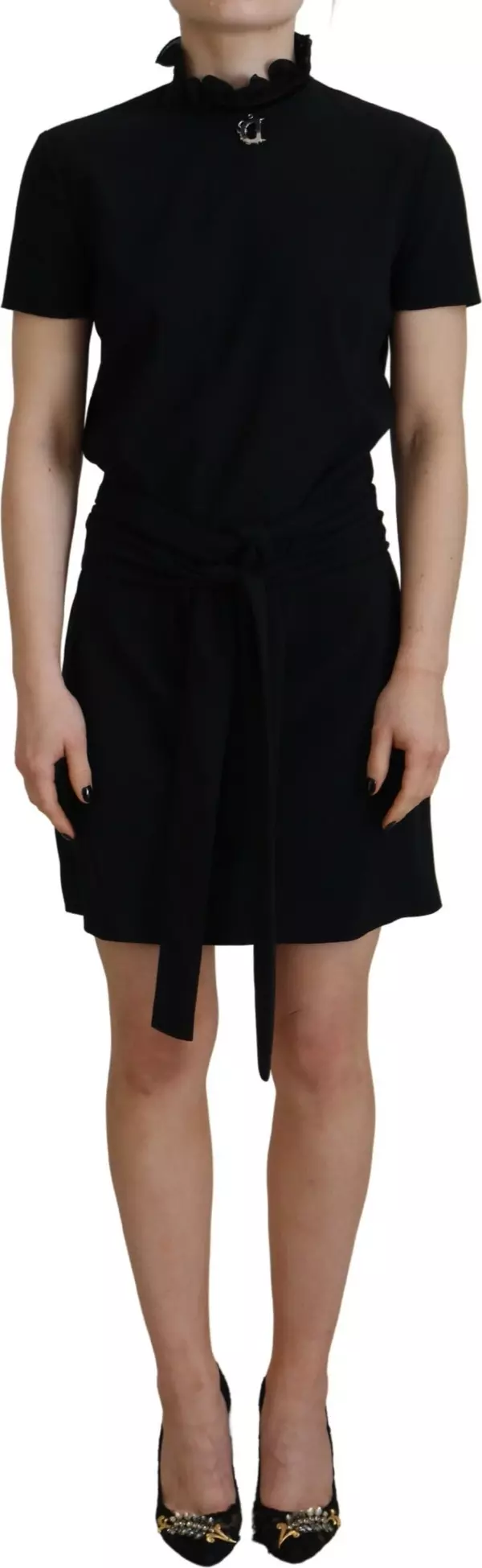 Black Polyester Short Sleeves Sheath Mini Dress