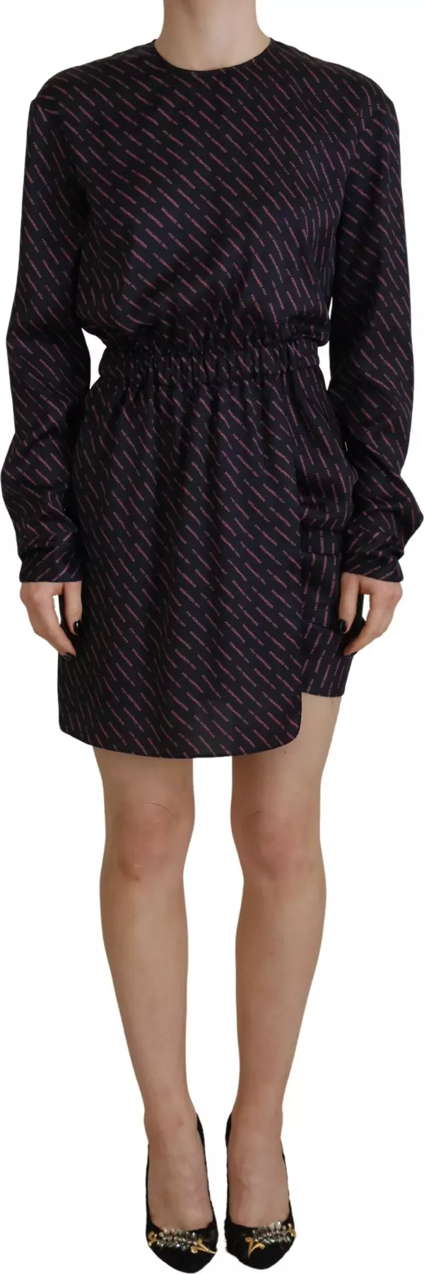 Black Logo Print Long Sleeves A-line Mini Dress