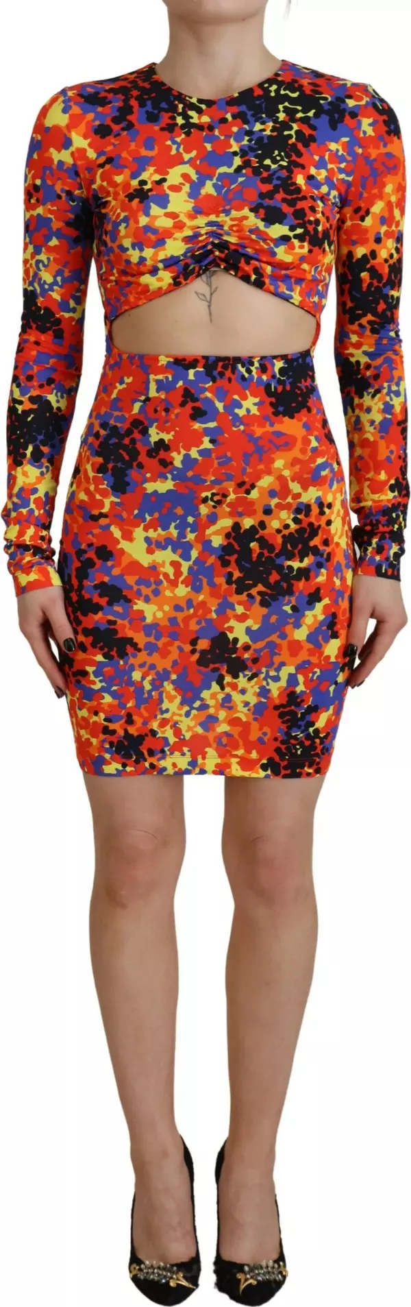 Multicolor Batik Open Belly Long Sleeves Dress