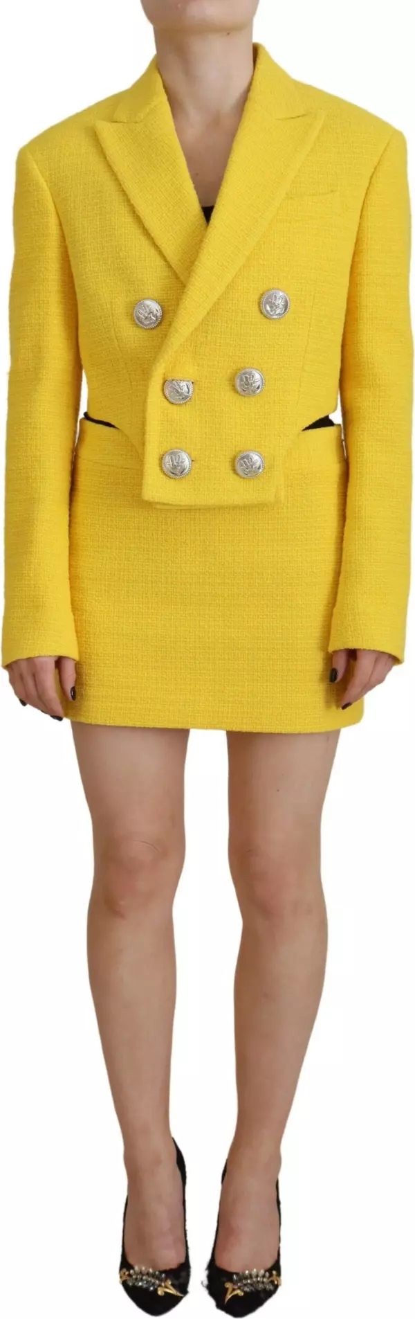 Yellow Double Breasted Mini Suit Blazer Skirt Set