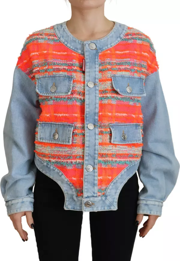 Orange Blue Panelled Button Front Denim Jacket