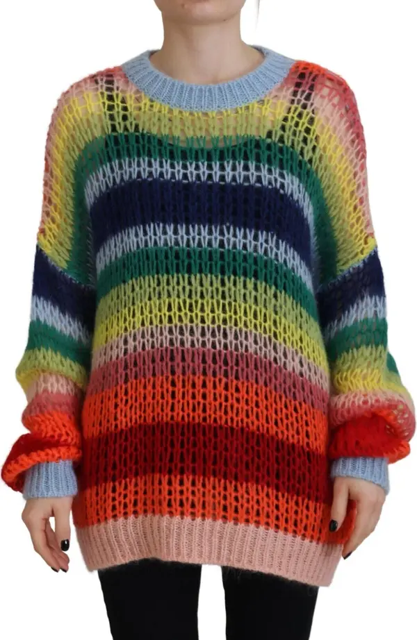 Multicolor Knitted Mohair Crewneck Pullover Sweater