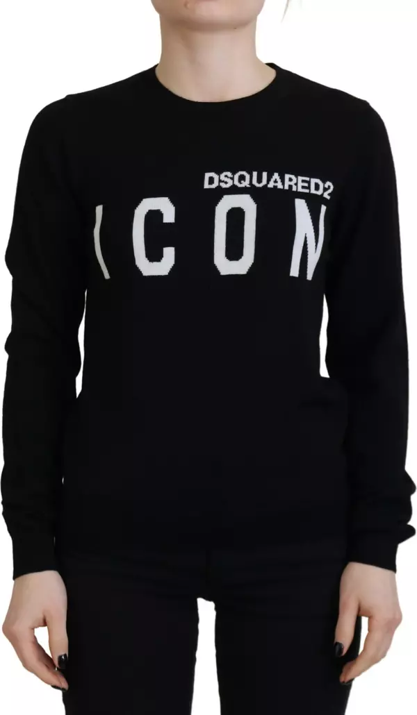 Black Virgin Wool Logo Print Long Sleeves Sweater