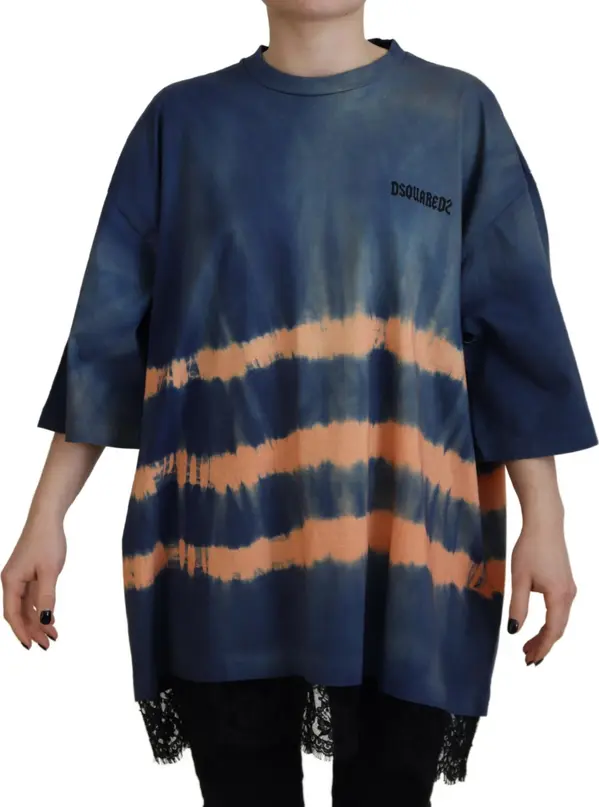 Blue Cotton Tie Dye Short Sleeves Lace T-shirt