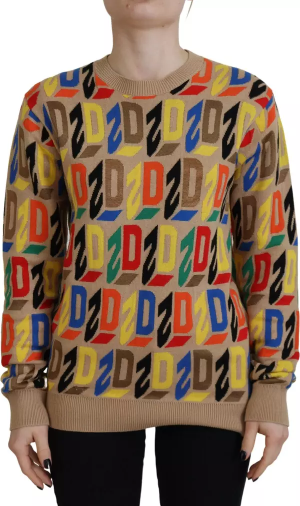 Brown Cotton Long Sleeve Crew Neck Printed Sweater