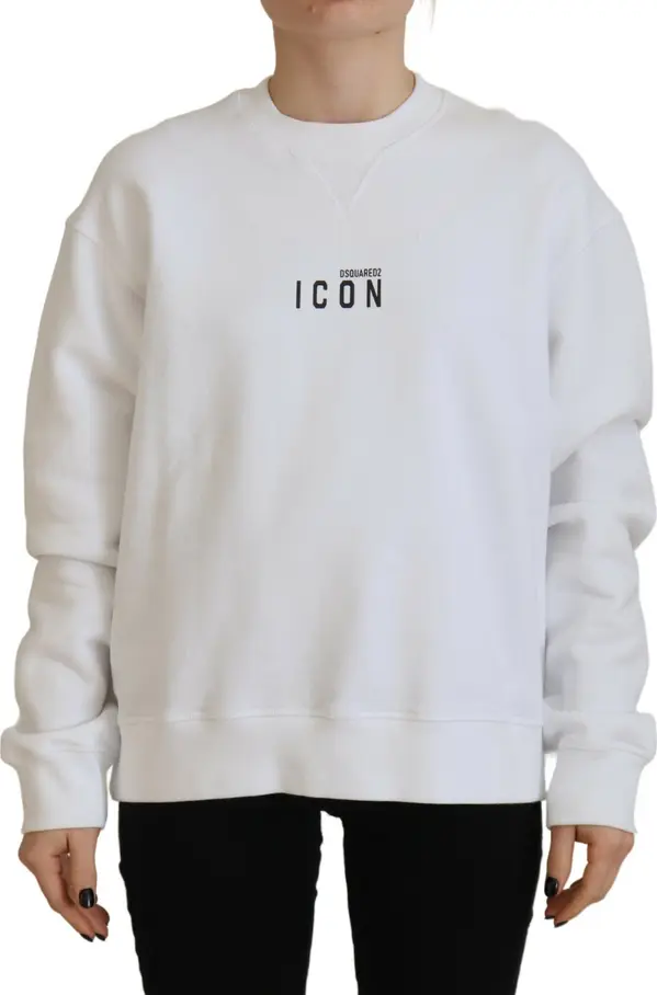 White Cotton Printed Long Sleeve Crew Neck Sweater