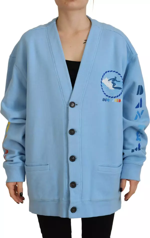 Blue Cotton Knitted Buttoned Cardigan Sweater