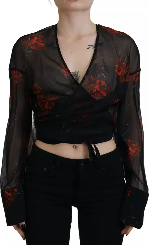 Black Floral Print Cropped Wrap Long Sleeves Top