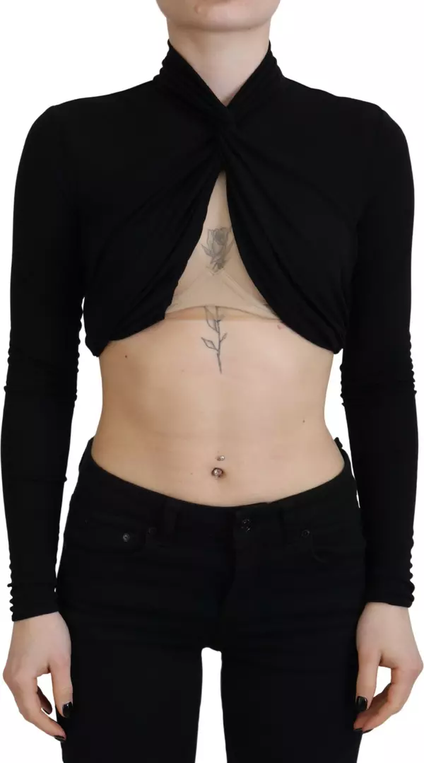 Black Cut Out Viscose Cropped Long Sleeves Top