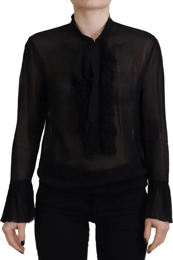 Black Viscose Long Sleeves See Through Blouse Top