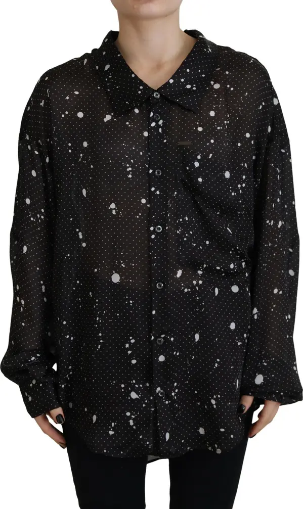 Black Polka Dots Collared Button Down Blouse Top