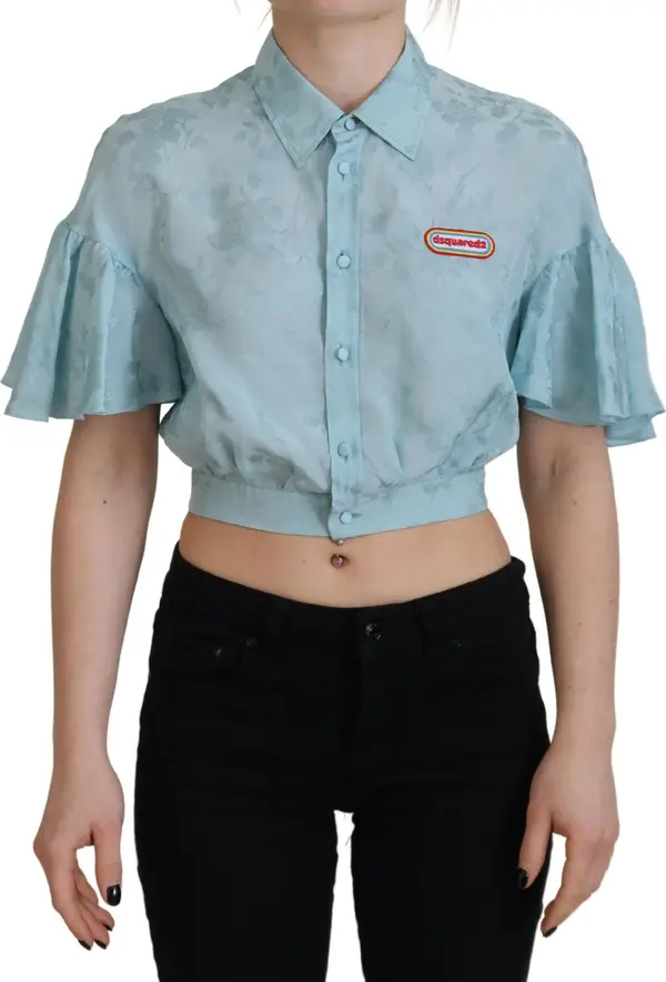 Blue Collared Button Down Short Sleeve Cropped Top