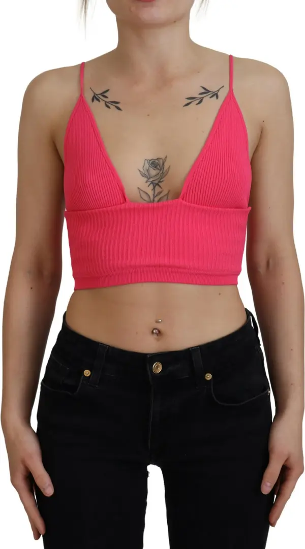 Pink Ribbed Knit Bra Cropped Spaghetti Strap Top