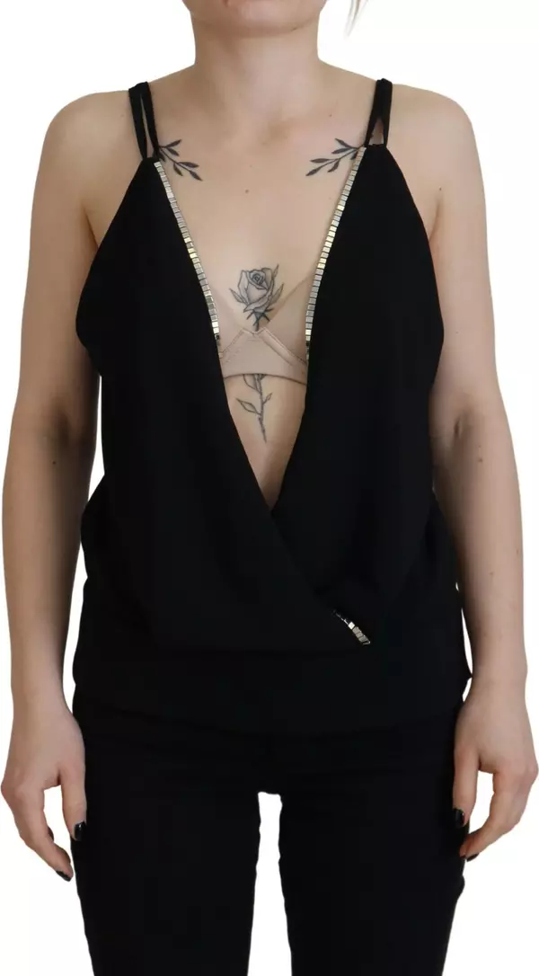 Black Embellished Deep V-neck Sleeveless Tank Top
