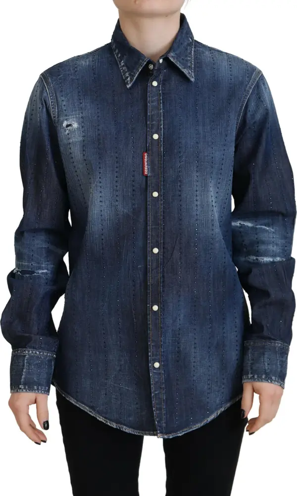 Blue Washed Cotton Button Down Collared Denim Top