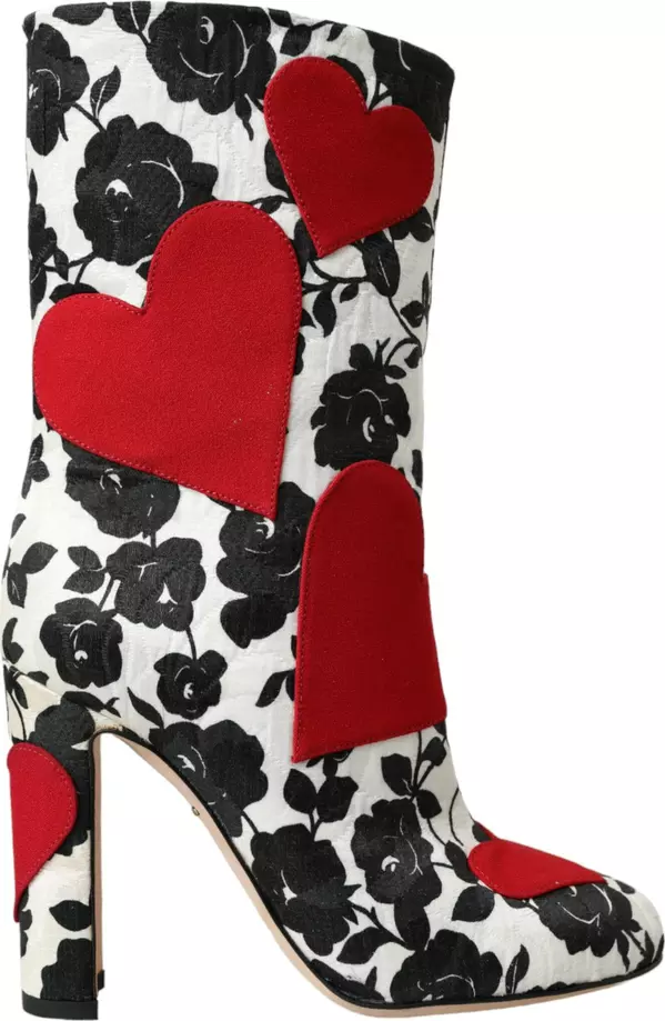 White Floral Hearts Leather High Boots Shoes