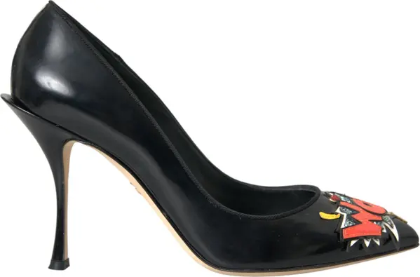 Black Leather WOW Patch Heels Pumps Shoes