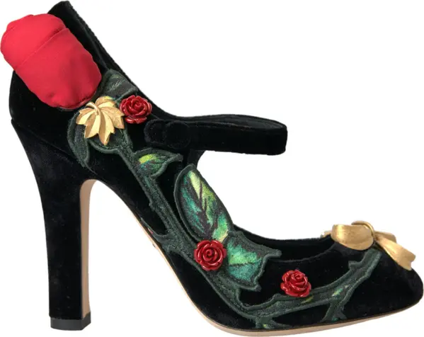 Black Roses Crystal Brooch Mary Jane Shoes