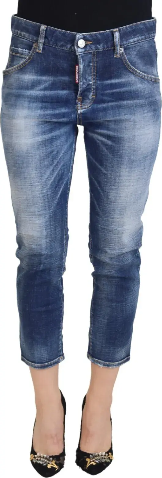Blue Cotton Mid Waist Cropped Denim Jeans Cool Girl
