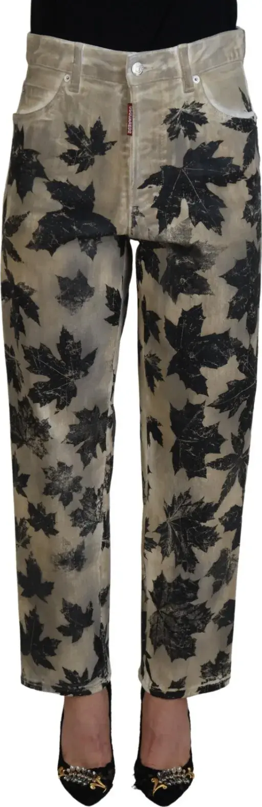 Beige Leaves Cotton High Waist Denim Jeans Boston
