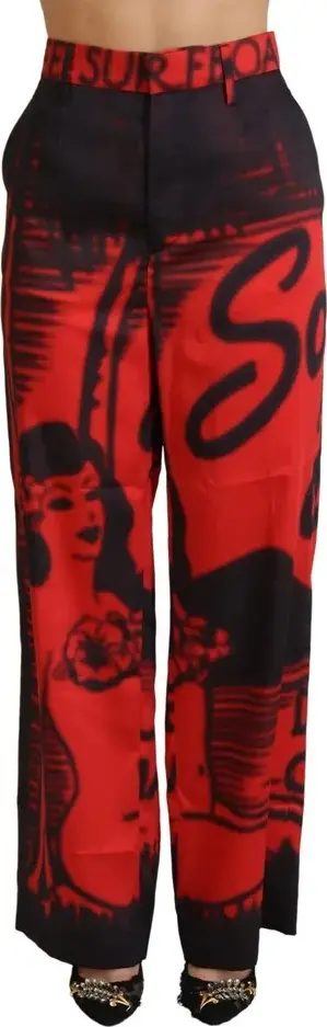 Red Printed High Waist Straight Pants